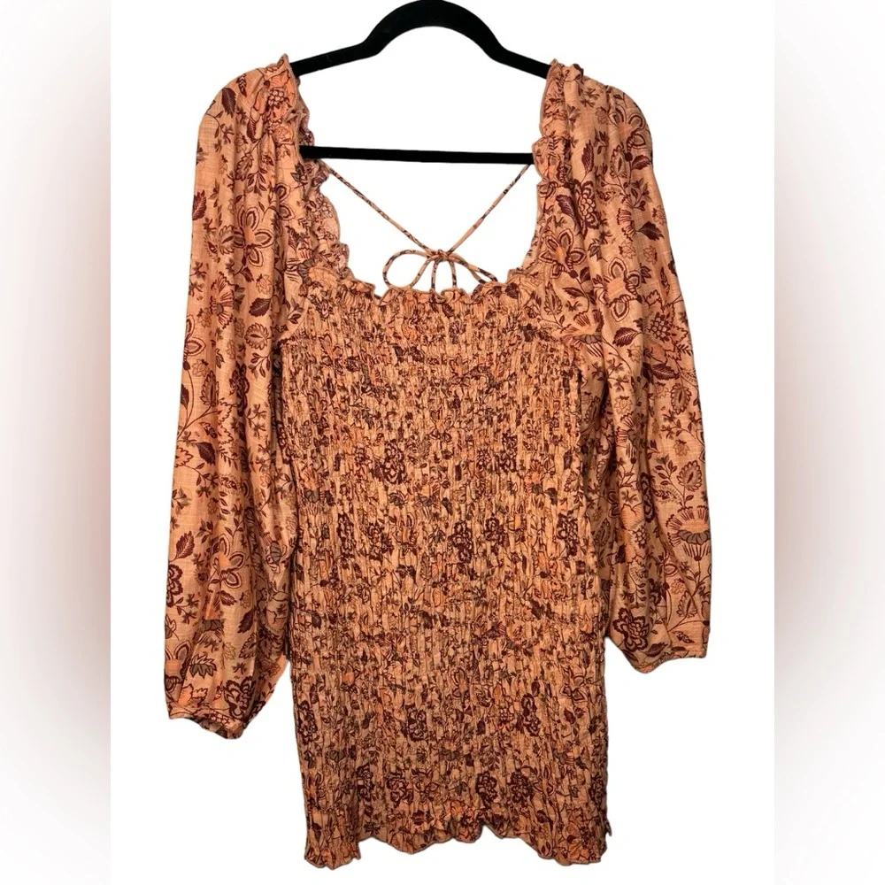 NWT Free People Smock It To Me Puff Sleeve Smocked Body Mini Dress Apricot Large - Picture 5 of 10